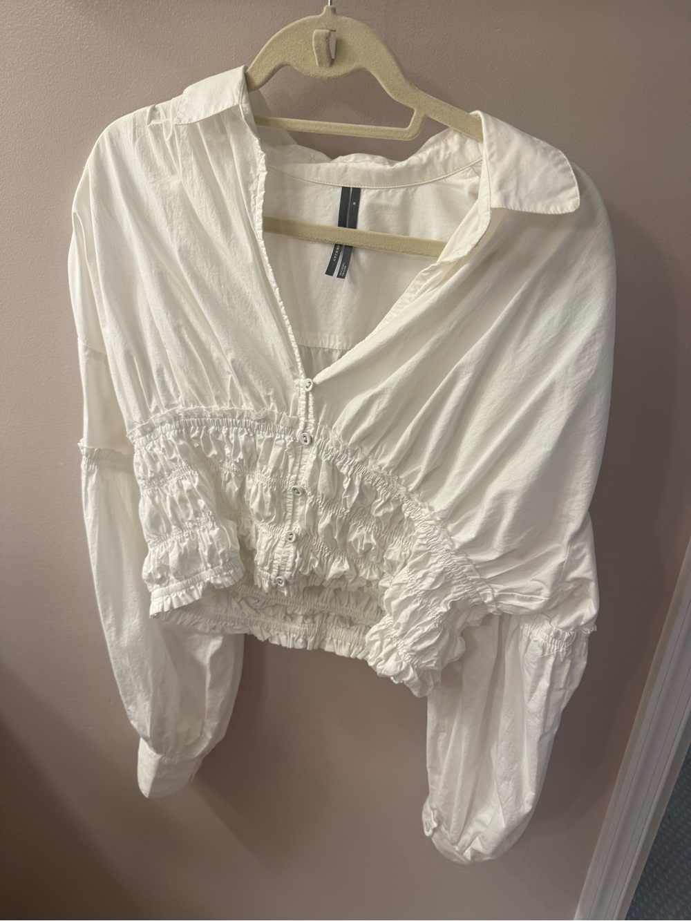 By Anthropologie balloon-sleeved collared shirred blouse